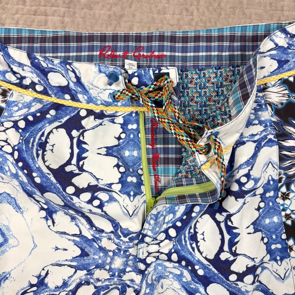 Robert Graham Mens Blue Marble Floral Board Shorts Swim Trunks Classic Fit 36